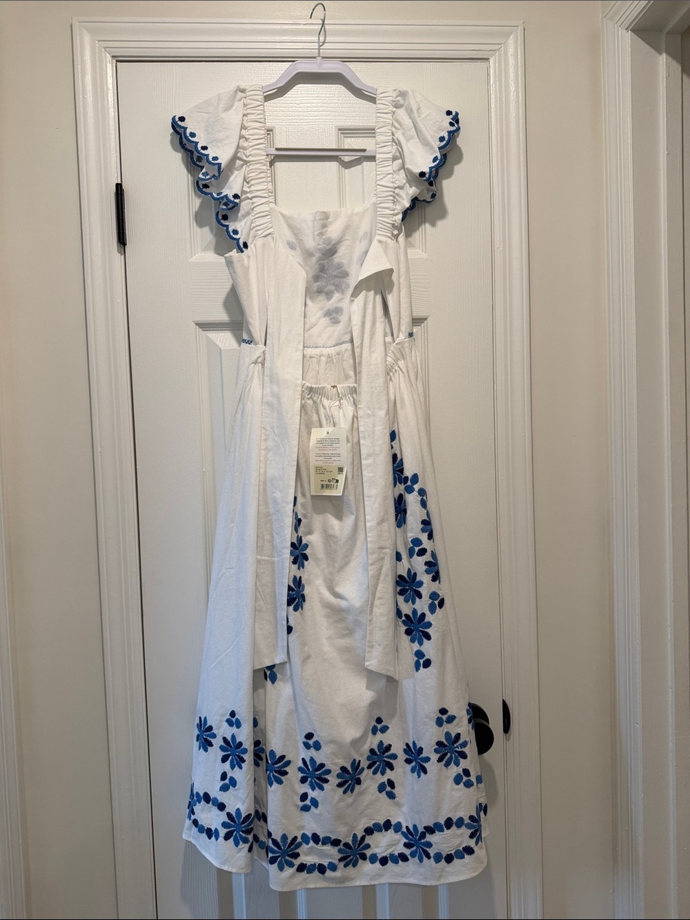 Sezane White Midi Dress with Blue Floral Embroidery - Picture 3 of 3